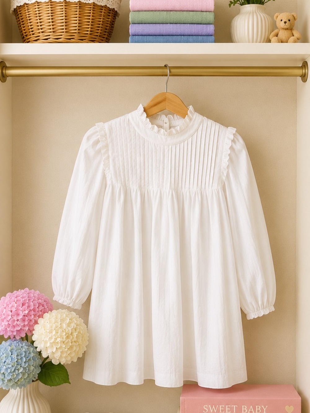 Ganni White Pintuck Ruffle Mock Neck Long Sleeve Dress